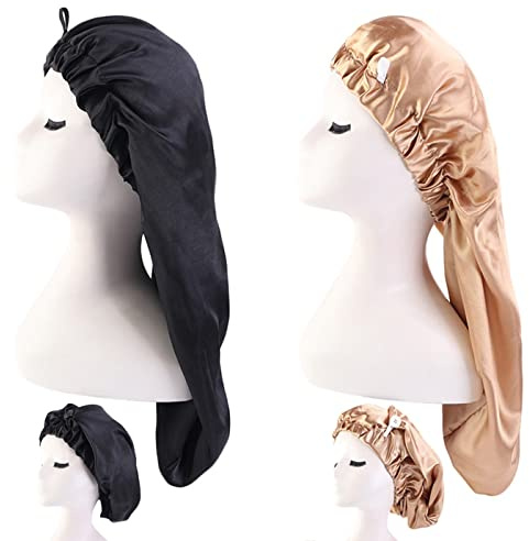 LadayPoa 2 Stück Lange Satin Haarhaube Mädchen seidige Mütze Damen Lange Satin Haube Schlafmütze zum Schlafen Extra Große Satin Schlafmütze für langes lockiges Haar Schutz