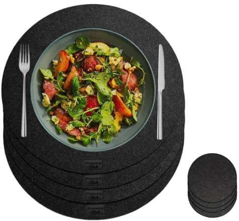 4-Teiliges Set aus Filz Tischuntersetzer Platzset Tischläufer, Platzdeckchen abwaschbar Filzmatte (Rund, Anthrazit)