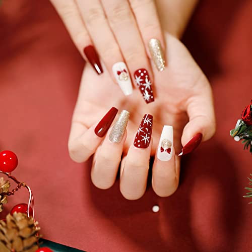 Carufin 24 pcs Neige Arbre de Noël Checker Pink Line Français Faux Nails Acrylique Nail Press on Nail Ballet Faux Nails pour Femmes Filles (B)