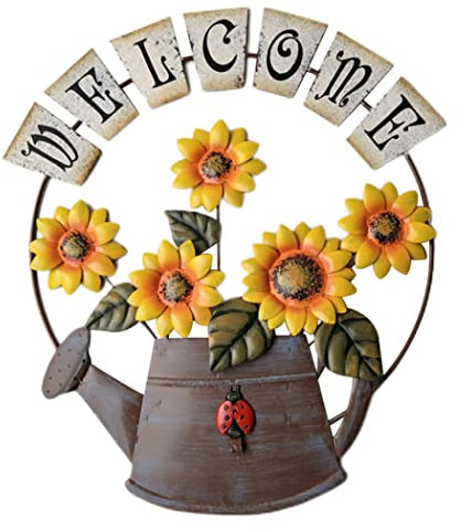 Garten Willkommensschilder im Freien Vintage Metall Sonnenblume Kettle Willkommensschild Wand hängende Garten Ornamente für Haustür Rasen Terrasse Veranda Dekorationen Gelb
