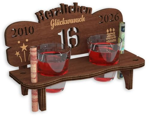 Urhome Schnapsbank mit Jahreszahl 16 Gravur zum Geburtstag, Jubiläum, Jahrestag aus Holz - 2 Schnapsgläser - 16 Jahre Dunkel Braun