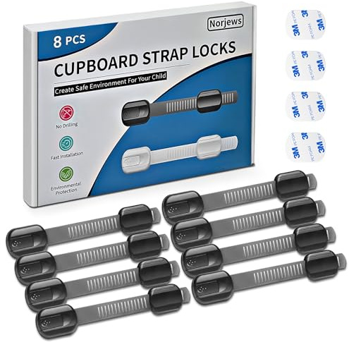 Norjews 8 Pack Cabinet Locks Baby Proofing, Child Safety Cupboard Locks, Child Safety Straps for Cabinets Drawers Toilet Fridge, Adjustable with No Trapped Fingers Easy to Install - Black