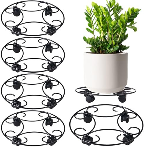 5 Packungen 32,5 cm Metall-Pflanzen-Caddy mit Rädern, großer rollender Pflanzenständer, robuster Schmiedeeiserner Pflanzenroller, Untersetzer auf Rädern, für drinnen und draußen, Untersetzer mit