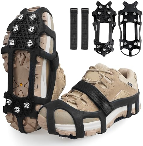 Crampons Ice Cleats for Shoes and Boots Snow Traction Cleats for Walking on Snow and Ice 9 Point Cleats Non-Slip Grippers Overshoe Silicone Stretch Footwear for Winter Hiking Climbing Ice Fishing