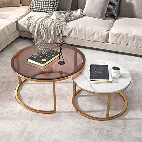 Satz-Couchtische für Wohnzimmer, 2er-Set, große runde Couchtische aus gehärtetem Glas für Wohnzimmer, kleine runde Sofatische mit Schieferplatte für Wohnzimmer, stapelbare Satztische