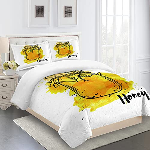 Duvet Covers Single Bed 135X200Cm 3 Pcs 3D Yellow Honey Jar Printed Bedding Set Single Bed Ultra Soft Hypoallergenic Microfiber Quilt Cover Set With Zipper Closure And 2 Pillowcases