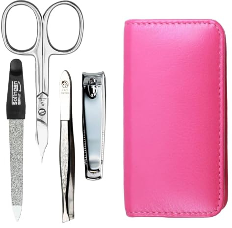Hans Kniebes Maniküre Set 4-teilig Pink – Reise Nagelpflege Set für Damen & Herren – Profi Edelstahl Nagelschere, Nagelknipser, Feile & Pinzette – Echtes Nappa Leder Etui – Pediküre Set