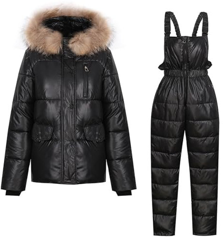 RKaixuni Zweiteilige Outfits Damen Winter Onesie Skianzug Outdoor Ski Overall Kapuze Pelzkragen Schneeanzug Outdoor Sport Mantel, Schwarz , 48