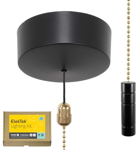 ElekTek Premium Matt Black Bathroom Light Pull Cord Switch Kit - Black Cylinder Brass Chain