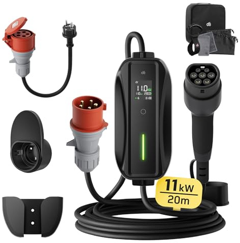 dé elbilsladdare 3 fas [20m,11kW,6-16A] laddkabel elbil Typ 2 Justerbar Ström ev charger 11kW med Timer & Fördröjning, IP65 EV Laddbox för Elbilar & PHEV