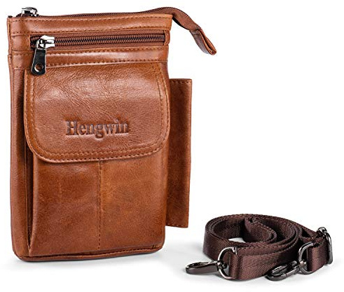 Hengwin Multifuncional Cuero Genuino Cremallera Bolsillos Hombres Vintage Look Bolso Bolso de Hombro teléfono cinturón Bolsa teléfono Funda para Viajes Actividades al Aire Libre (Marrón)