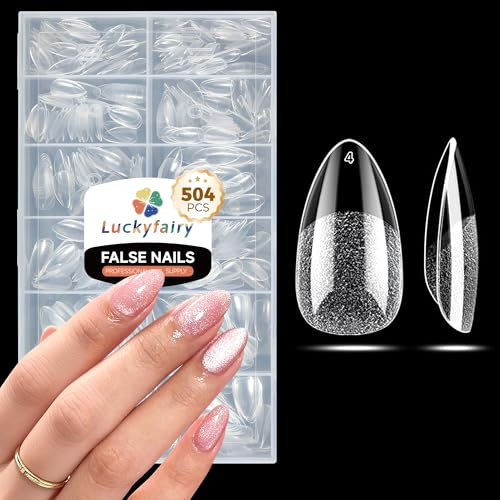 Luckyfairy Short Almond Nail Tips: 504pcs Pre-Etched Soft Gel Nail Tips, Tri-Layer Core Short Fake Nails, 12 Sizes Half Matte Full Cover Clear Press on Nails Extension DIY for Flat & Natural Nail Beds