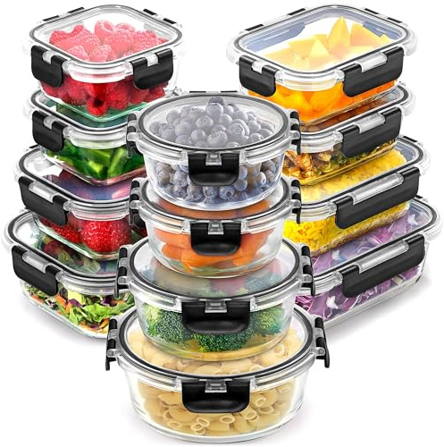 Zulay 12er-Set Glas-Frischhaltedosen für Meal Prep, Tupperdosen Set aus Glas mit luftdichten Deckeln - Meal Prep Boxen Gläser, spülmaschinen-, mikrowellen-, ofen- & gefriergeeignet, BPA-frei – Schwarz