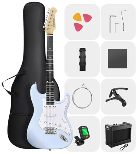 DONNER DST-80 E-Guitar Set Completo per Principianti da 39 con Amplificatore, Pickup SSS Classico, Include Gig Bag, Accordatore, Capotasto, Cinghia, Plettri e Lezioni Online Gratuite