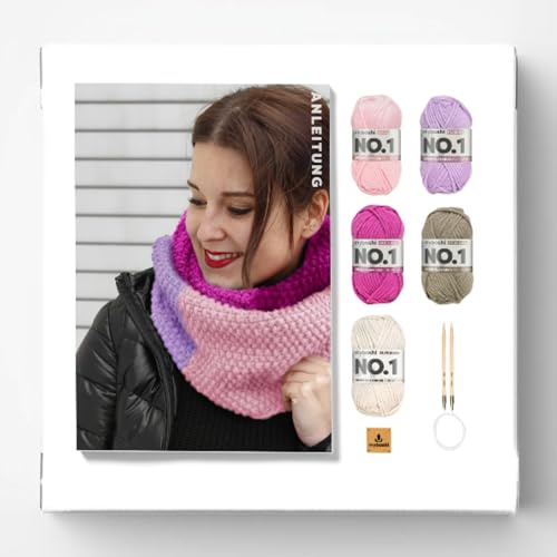 myboshi Strickset Schal New Haven, inkl. No.1 Wolle, Rundstricknadel, Anleitung und Label, Strickpaket für Anfänger, 30% Merinowolle Rosa mit Rundstricknadel
