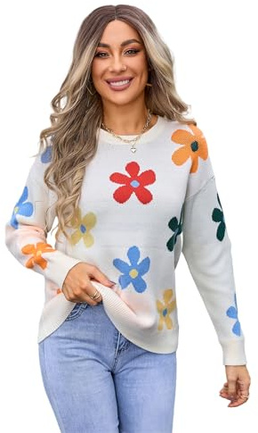 HEYPORK Damen Herbst Winter Warm Bequem Pullover Casual Mode Strickjacke Strickpullover Frauen Floraler Strickpullover(Weiß, XL)