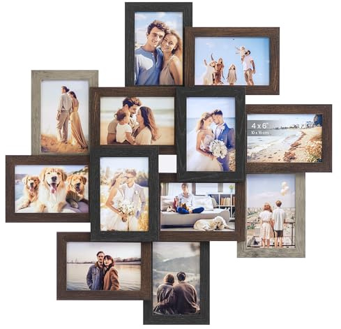 SONGMICS 4x6 Picture Frames Collage Wall Decor, 12-Pack Photo Collage Frame, Multi Picture Frame Set with Glass Front, Assembly Required, Maroon Brown, Heather Greige, Ash Black URPF022M01