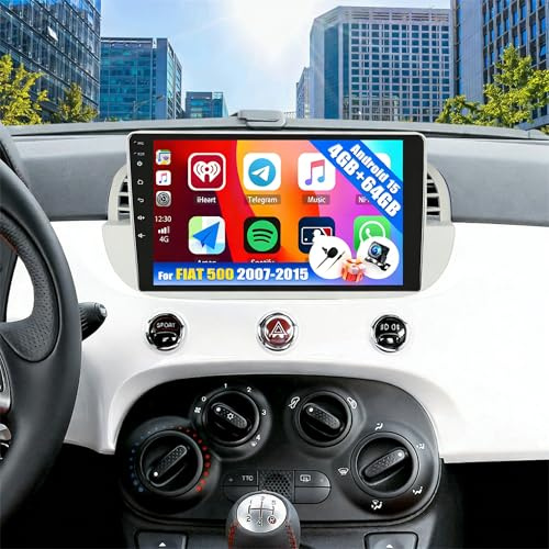 SIXWIN 4+64G Android 15 Autoradio per FIAT 500 2007-2015 con CarPlay/Android Auto/Mirror Link,9 Pollici HD TouchScreen Schermo con Navigatore WiFi Bluetooth 5.0 FM/RDS 32EQ+AHD Retrocamera