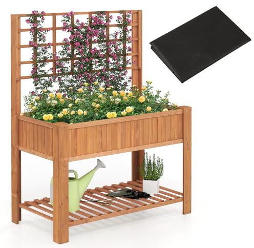 GOPLUS Jardinieres Exterieur en Design Surélevé avec Treillis, 4 Trous de Drainage et Doublure Amovible, Jardiniere sur Pied en Bois avec Étagère Inférieure à Lattes pour Garder Les Outils (Café)