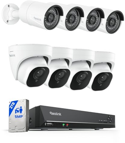 Reolink RLK8-520D4-5MP + 4× RLC-510A | 8CH 2TB HDD NVR with 8× 5MP PoE IP Dome Outdoor Cameras, Person/Vehicle Detection, 30m Night Vision for 24/7 Surveillance