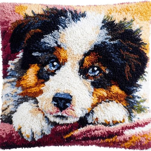 KnüpfKissen Set Erwachsene Kinder mit vordruck Baby Hund Australian Shepherd Welpe knüpfteppich zum selber knüpfen Kissenbezug Anfänger DIY Handarbeit Stickerei Sets Handgemachtes Handwerk Sofa Wohnku