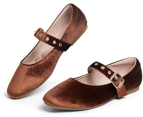 hingswink Mary Jane Shoes Women Square Toe Ballet Flats,VelvetCoffee10 | Velvet Flat,Slip Resistant,Mary Jane Flats,Adjustable Buckle Straps,Comfortable Shoes,Fall Winter Flats Shoes