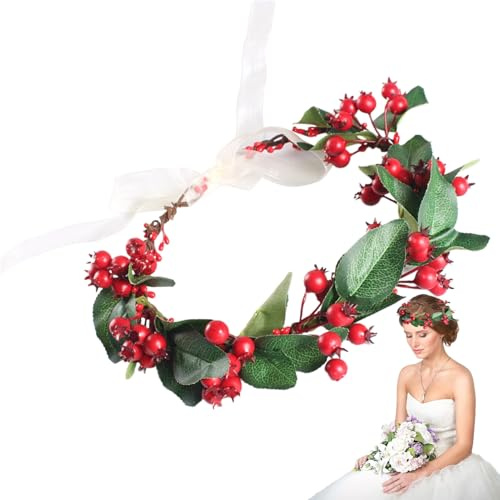 Diadema De Bayas Rojas - Corona Floral Hecha A Mano, Guirnaldas De Boda Ajustable | Accesorio Navideño Boho Para Eventos De Peinado, Halo De Invierno Festivo Para Sesiones De Fotos De Vacaciones, Deco