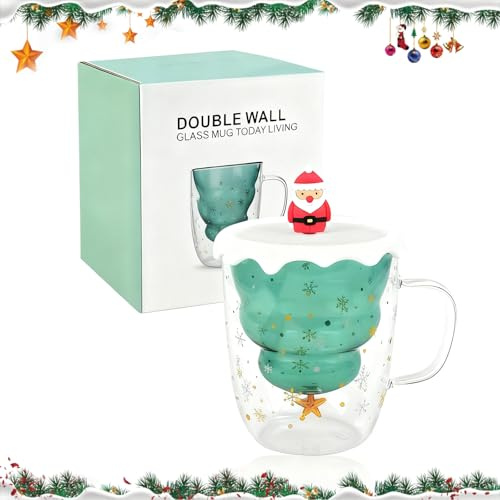 Weihnachtstasse Doppelwandige Gläser, 270ML Latte Macchiato Gläser Doppelwandig, Weihnachtsgläser, Tasse Weihnachten, Kaffee Christmas Mug für Milch, EIS, Weihnachtsgeschenke für FrauenKinder