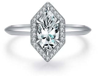 Stfery Bague Femme Or Blanc 585, Anneau Hexagonal Pavé de Moissanite Marquise 1ct, Bague Or 14K Taille 57