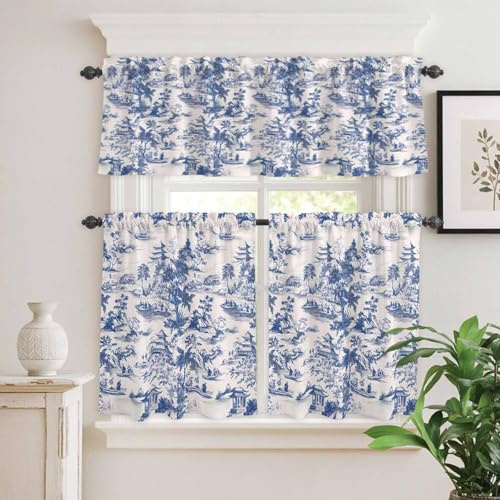 Chucoco Kitchen Curtains Valances and Tier Set, 3 Pieces Rod Pocket Tiers Curtain Blue Chinoiserie Garden Pavilion Small Window Valance Sets Treatment Drapes Asian Scenic Hill Boat Plant