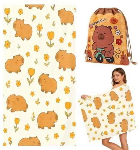 PLNVNVP Capybara Toalla de Playa de Microfibra, Mochila de extracción de Cuerda Capybara, Toallas Gimnasio, Adecuado para Deportes Marítimos de Playa,Toalla de Playa（150×70cm）