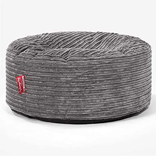 Lounge Pug Sitzsack Pouf 65 cm Rund, Graphitgrau Cordstoff, Bequemer Sitzhocker oder Fußhocker, Sitzpouf