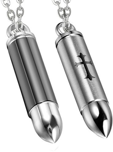 Cupimatch 2pcs Herren Edelstahl Kreuz Bullet Form medaillon zum öffnen Anhänger Halskette mit 55 cm Kette, silber schwarz