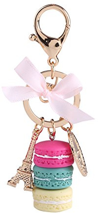 Walfront Bunte Nette Macaron Keychain Ring Eiffelturm Macaron Charme Schlüsselbund Tasche Geldbörse Dekoration für Kinder Geburtstagsgeschenk(Rose Red)