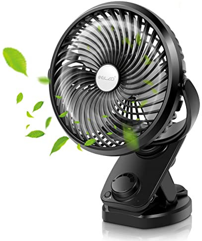 ELZO USB Desk Fan, 5000mAh Mini Clip, Auto Oscillating, 360° Rotation Rechargeable Stepless Speed, Super Quiet Portable for Office Stroller Car Camping Travel, Black