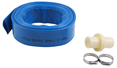 KATSU Tubo flessibile di scarico piatto 10 m x 38 mm, con 2 Clip e Connettore, per Pompe Sommerse e Altre Pompe dell'Acqua, per Laghetti Drenanti, Irrigazione del Giardino, Piscina, Blu 664443