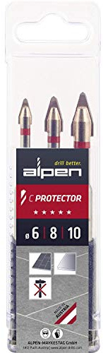 ALPEN Bohrer-Kassetten Box C PROTECTOR (3-tlg., Ø 6,00–10,00 mm, für harte Steinzeugfliesen bis Mohs-/Ritz-Härte 9 sowie Glas und Porzellan, Spezialbohrer, Bohrsortiment) 0000303003100