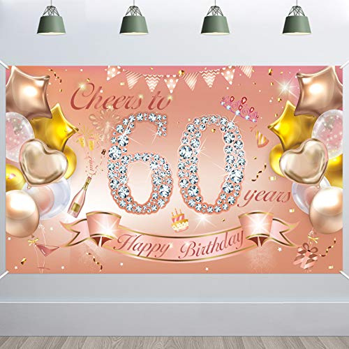 HOWAF Frau 60. Geburtstag Banner Deko Rose Gold, Stoff Plakat Banner für Frau 60. Geburtstag Hintergrund Deko Photo Booth Garten Tisch Mauer