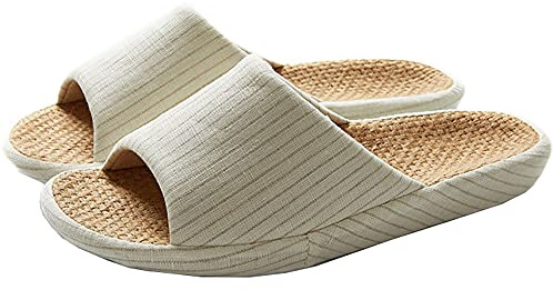 MOONSIYU Herr sommar halmväv rand kanvas öppen tå hemtofflor herr vardag lin mjukt ljus EVA sula skor, BEIgE, 38.5/39 EU