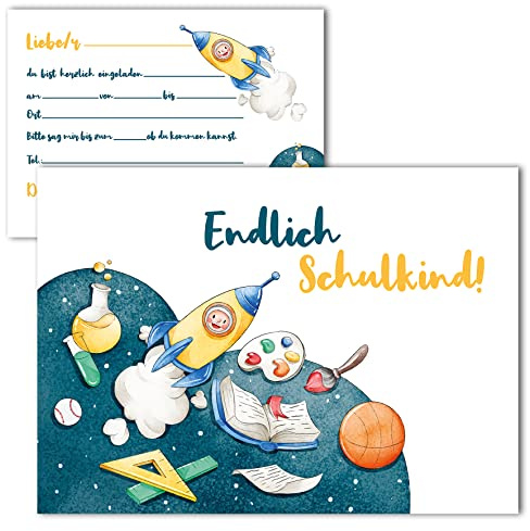 10x Einschulung Einladungskarten Einladung Kinder Mädchen und Jungen 10x15 cm Party Kinder Schulbeginn Schulstart Erstklässler Schulkind Erste Klasse Schulanfang Rakete