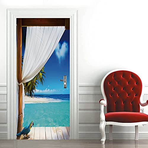 A.Monamour Türtapete Selbstklebend Türfolie Türposter 3D Strand Meer Blauer Himmel Natur Landschaft Vinyl Folie Türdeko Tapete Wandbild Türaufkleber Türtattoo 95 x 215 cm