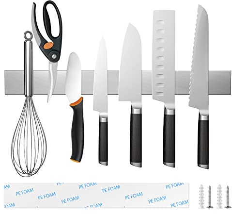 Magnetic Knife Holder - 40 cm Stainless Steel Hanging Magnetic Knife Strip for Wall, Wall-Mounted 16in Knife Rack/Bar Self Adhesive for Home Kitchen Utensils, Kitchen Knife Organizers