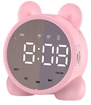 ZXNQ Wireless Digital Alarm Clock, Mirror LED Display Bluetooth Speaker FM Clock Radio with Portable Dual Alarm for Home, Office, Bedroom,Pink