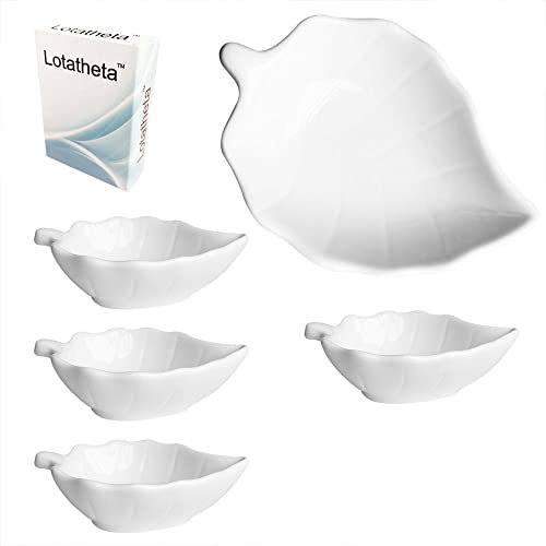 Lotatheta 4 pcs Leaf Shaped Porcelain Soy Sauce Dish Ceramic Dip Dipping Bowls White Palette for Dinner Baking BBQ and Cooking