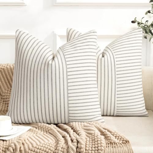 YCOLL 2er Set Kissenbezug 50x50 Baumwolle Leinen Kissenhülle Sofakissen Streifen Dekokissen Boho Deko Kissenhüllen Dekorativ Kissenbezüge für Sofa Wohnzimmer Schlafzimmer Outdoor Kissen 50x50 Gray
