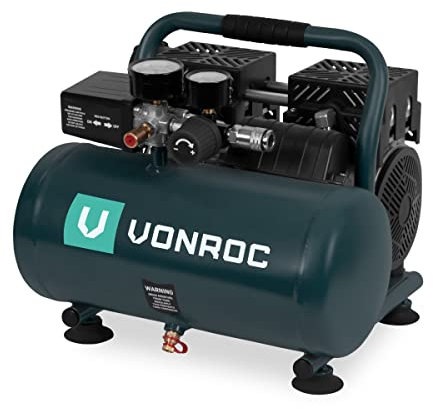 VONROC Compresseur d’air Silencieux 750W – 6 L – 8 bar – 57,5 dB – Moteur Sans Huile – Compact, Léger et Stable – Pour Gonflage, Soufflage, Outils Pneumatiques – CR504AC_GREY