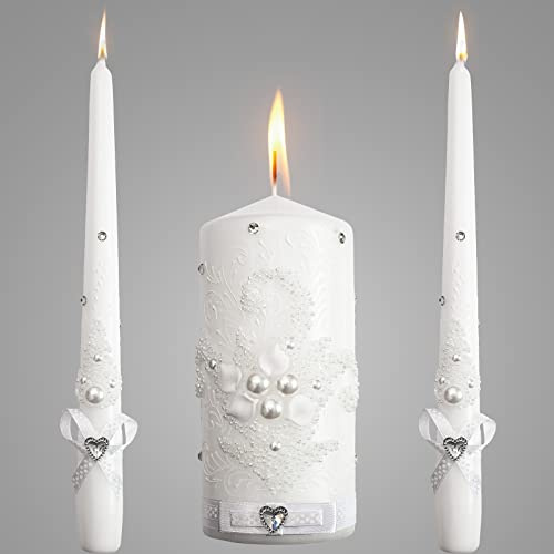 VABA Unity - Velas para ceremonia de boda, 3 piezas, perlas blancas y cristales, pilar de 6 pulgadas y 2 dilatadores de 10 unidades, ecológicas