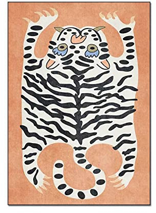 Cartoon-Tiger-Teppich für Jungenzimmer, 90 x 152 cm, Vintage, Boho-Teppich, Schlafzimmer, waschbar, flippiger Teppich für Wohnzimmer, rutschfest, niedlich, abstrakt, modern, Orange