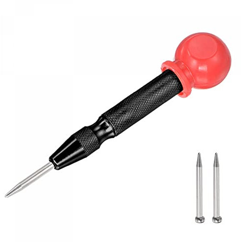sourcing map Automatic Center Punch, 5-Inch Spring-Loaded Center Hole Puncher Marker Black with Cap + Pointed Tip for Wood Metal Plastic 1 Set (1pcs x Center Punch, 2pcs x Pointed Tip)