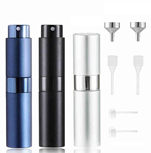 DMQ 3PCS Perfume Atomiser Spray Bottle for Travel, 8ML Refillable Perfume Atomiser Empty Refillable Cologne Dispenser Travel Aftershave Dispenser, Portable Sprayer for Men Women (Black,Silver,Blue)